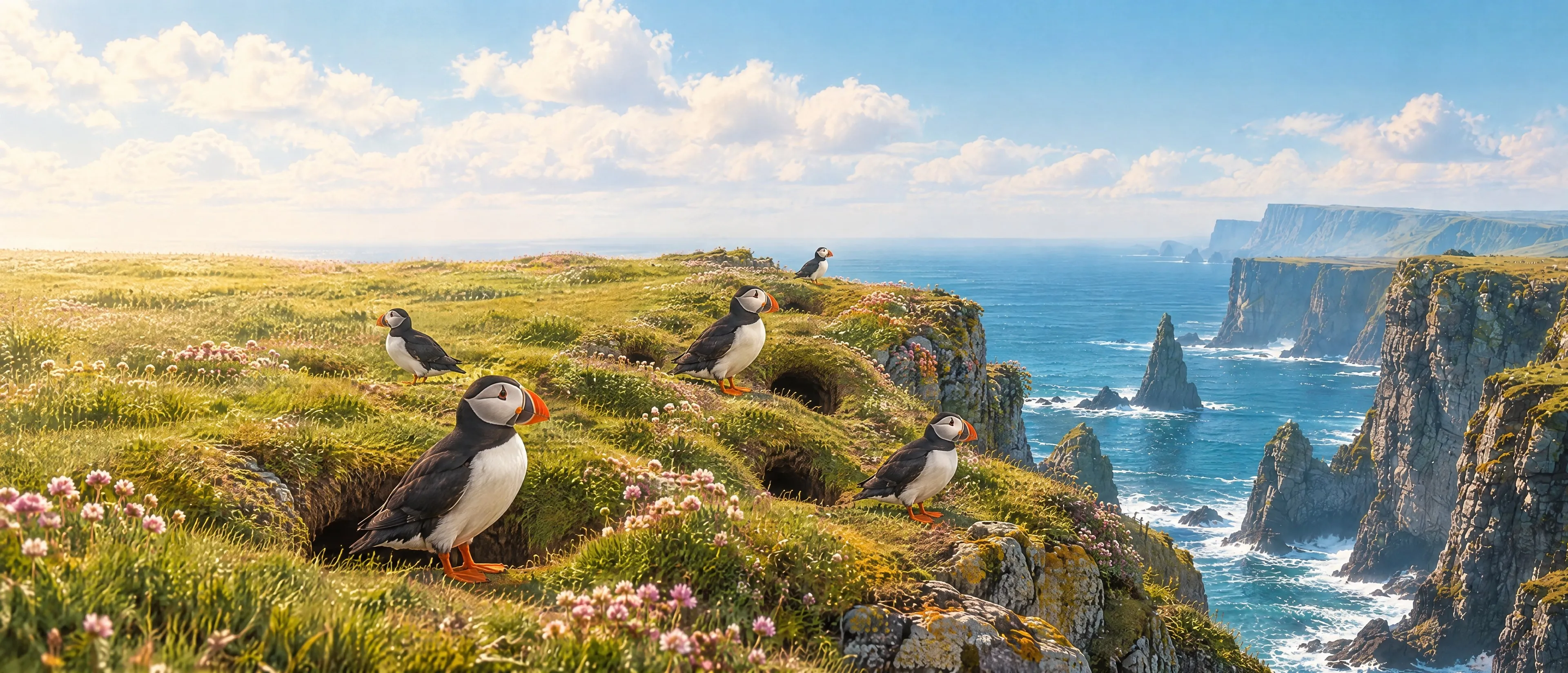 Puffins on top of a sea cliff, each one at the entrance of its own burrow.