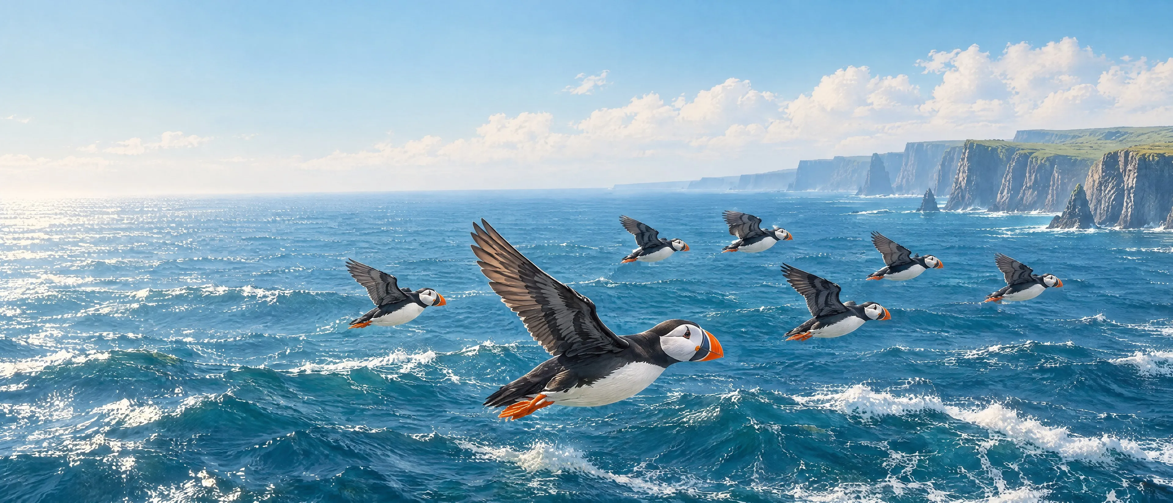 A flock of puffins flies low over the open sea, with cliffs in the distance.