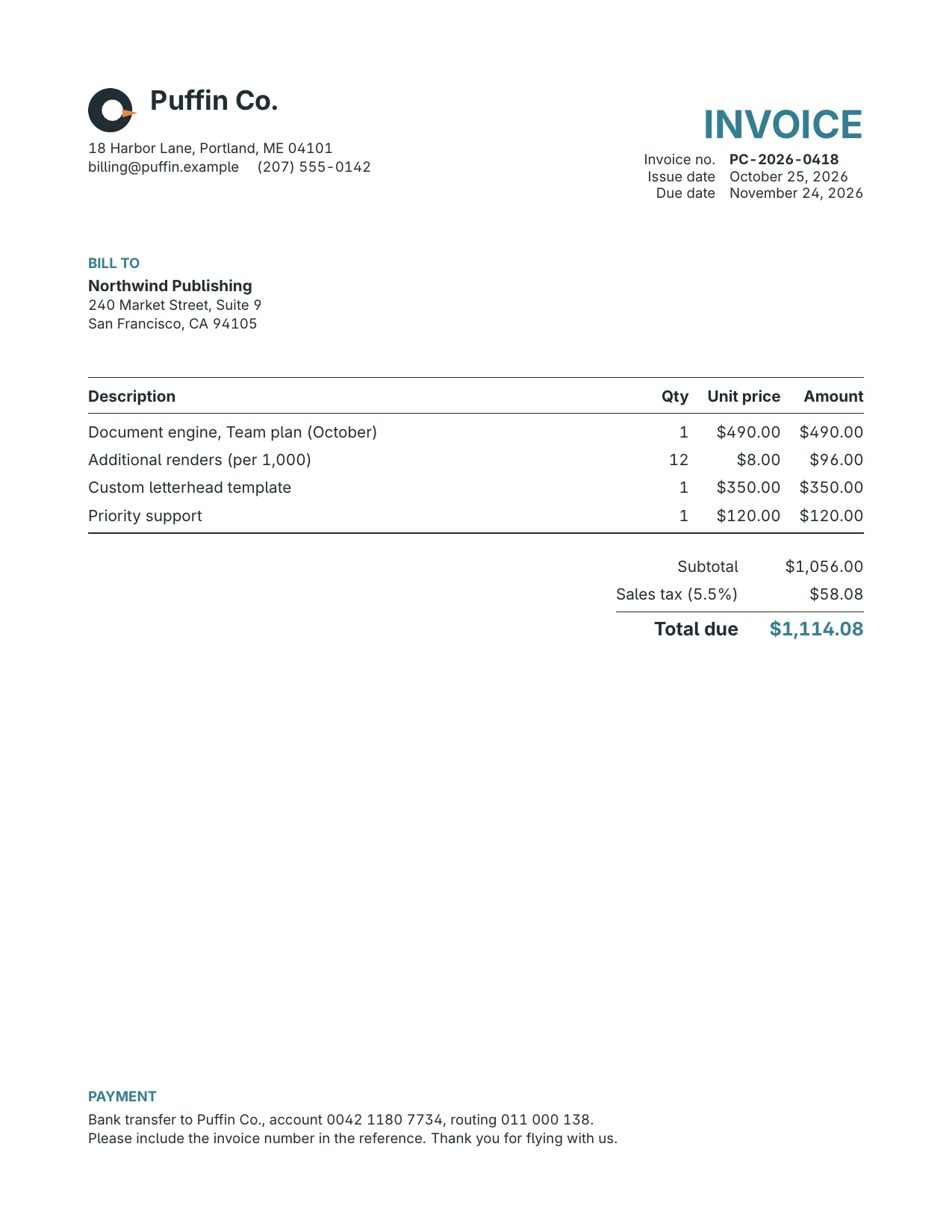 Invoice from Puffin Co. to Northwind Publishing with four line items, subtotal, sales tax and a total due of $1,114.08.