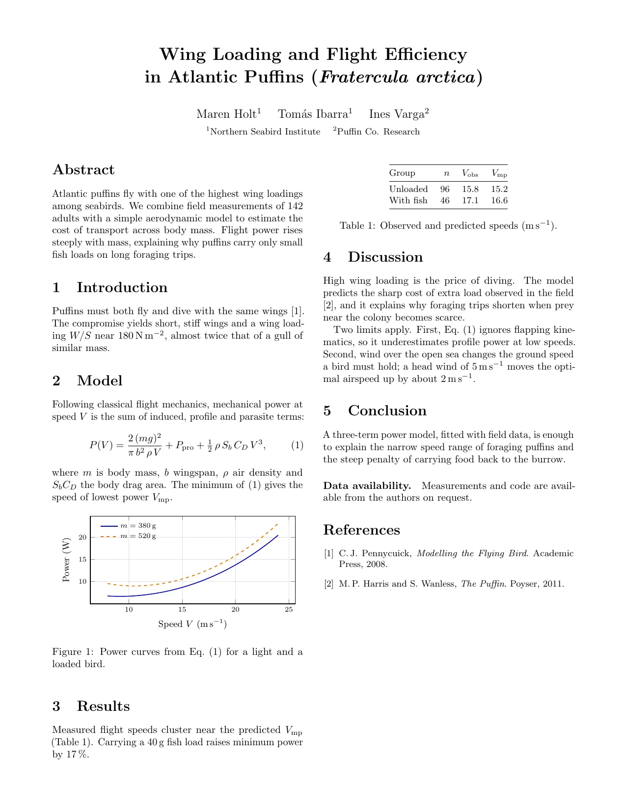 Two-column scientific paper titled “Wing Loading and Flight Efficiency in Atlantic Puffins”, with an abstract, a power equation, a chart of power against speed, a results table and references.